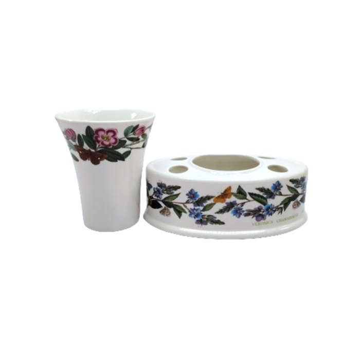 Portmeirion Botanic Garden Toothbrush Holder and beaker in the Speedwell and Rhododendron