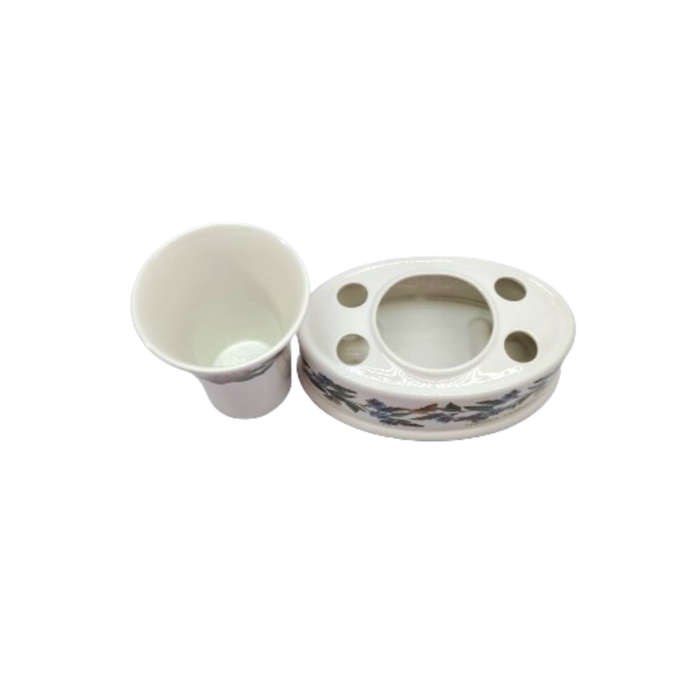 Portmeirion Botanic Garden Toothbrush Holder and beaker in the Speedwell and Rhododendron