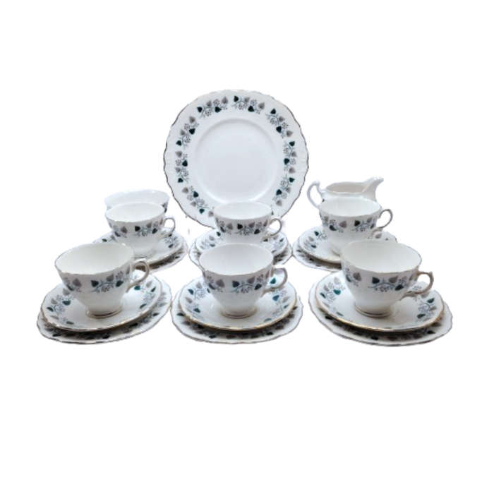 Royal Vale Bone China with blue & grey leaf  Tea Set
