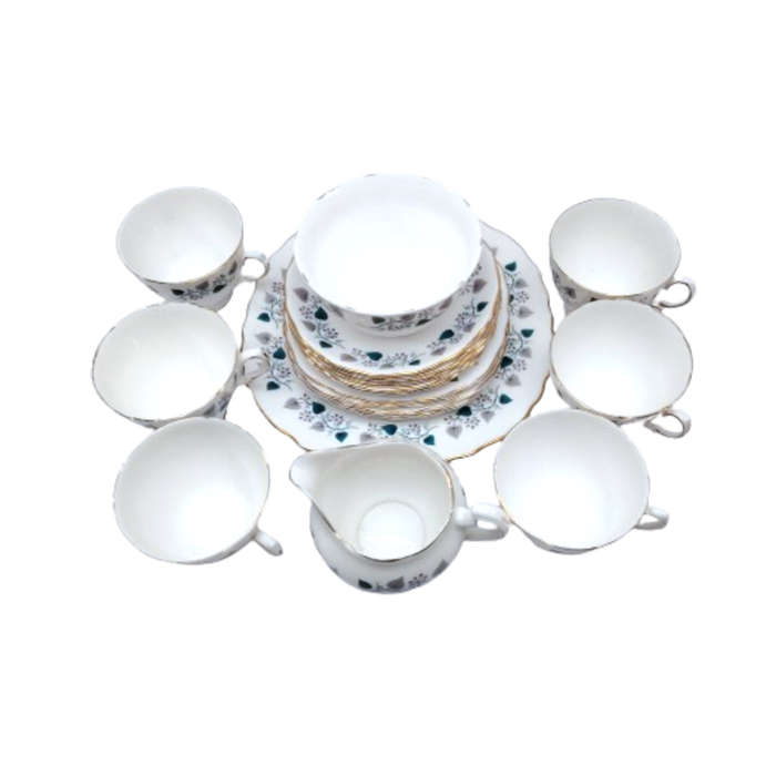 Royal Vale Bone China with blue & grey leaf  Tea Set