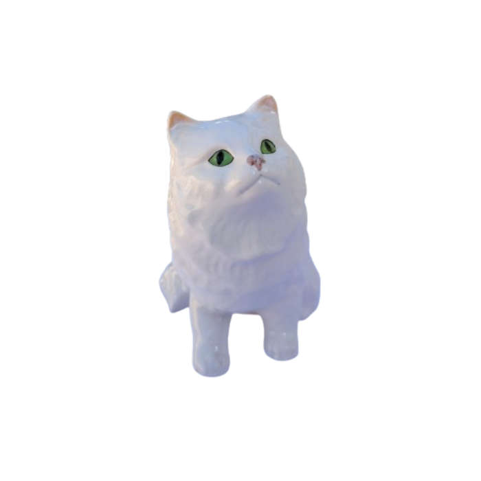 Sylvac Pottery White Persian Cat Sat with Green Eyes