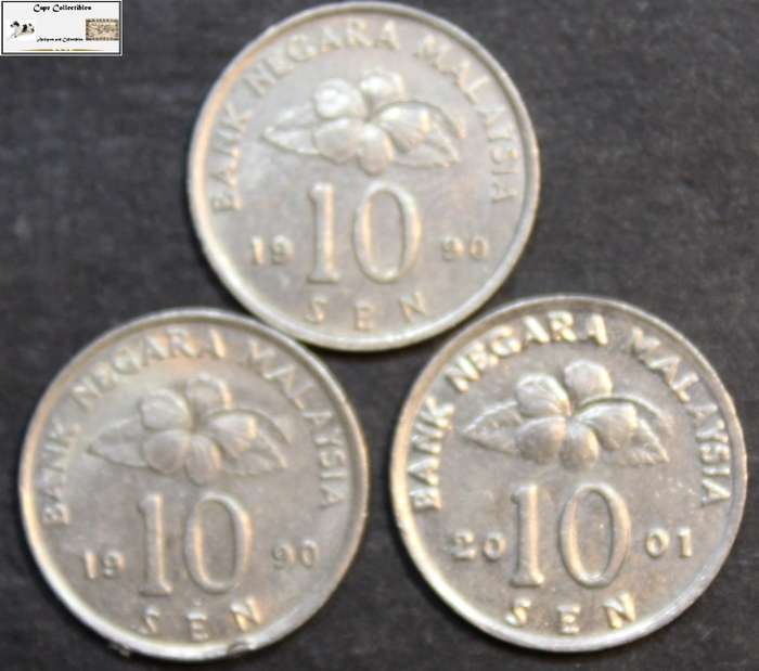 Malaysia 1990x2 / 2001 10 Sen Coin (Three Coins) Circulated