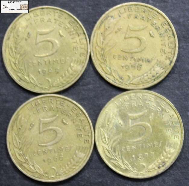 France 5 Centimes /1966x2/1969/1977 (Four Coins) Circulated