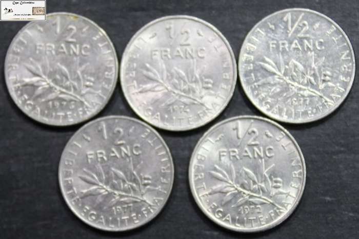 France 1/2 Franc 1972/1974/1976/1977 x2 (Five Coins) Circulated