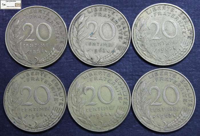 France 20 Centimes 1963 x2 / 1964 x3/ 1967 Coins (Six) VF30 Circulated