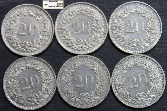 Switzerland 20 Rappen 2x1970/1975/1980/1985/1986 (Six Coins) Circulated