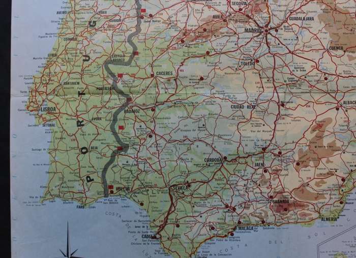 Vintage Map of the Iberian Peninsula Map of Spain and Portugal 1971, Folded, Medium sized.