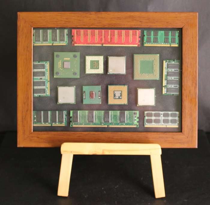 Vintage CPU`s and RAM in Picture Frame with Wooden Easel Stand