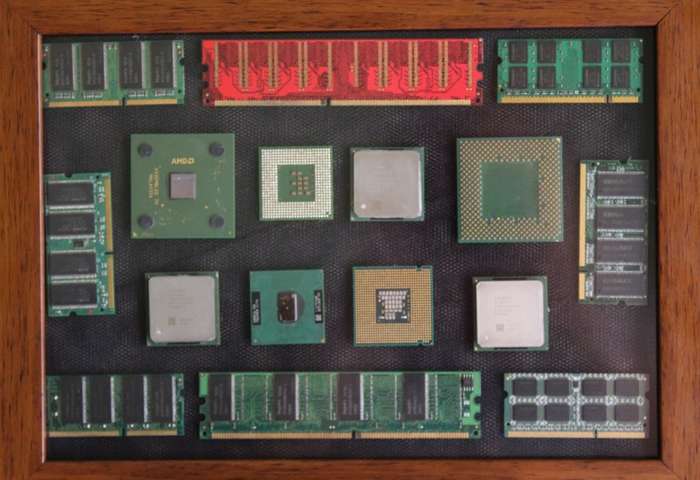 Vintage CPU`s and RAM in Picture Frame with Wooden Easel Stand