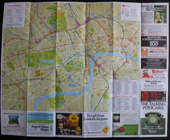 Vintage Folded Map of London Transport`s Bus, Tube and Street Map of London 1983