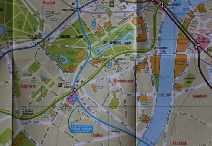 Vintage Folded Map of London Transport`s Bus, Tube and Street Map of London 1983