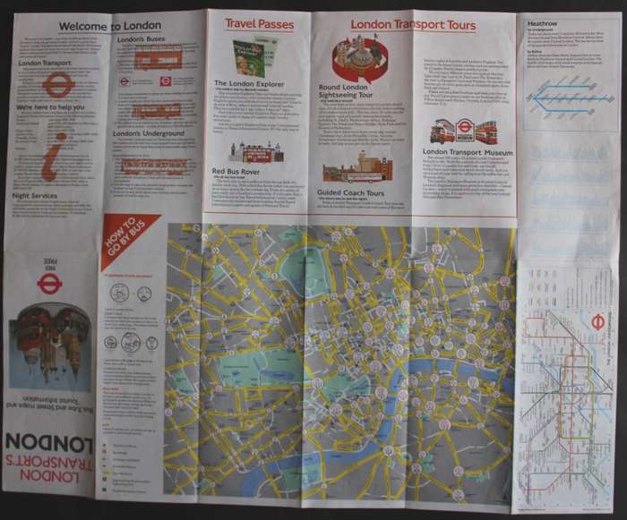 Vintage Folded Map of London Transport`s Bus, Tube and Street Map of London 1983