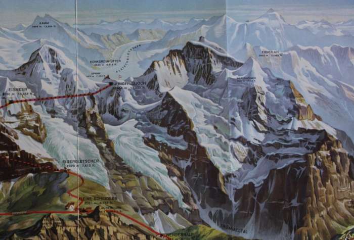 Vintage Panorama Folded Map of Jungfraujoch Peak Switzerland
