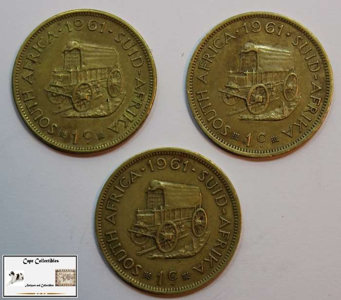 South Africa 1 Cent 1961 x 3 Coins (Three) EF40