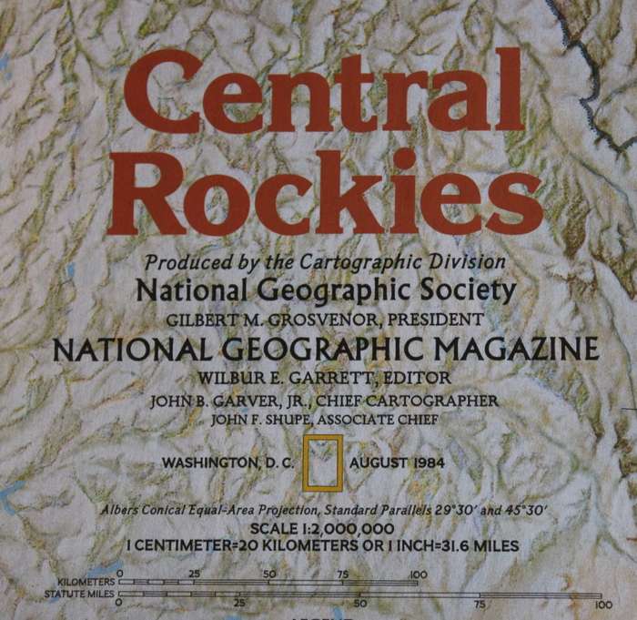 National Geographic Folded Map of the Central Rockies August 1984