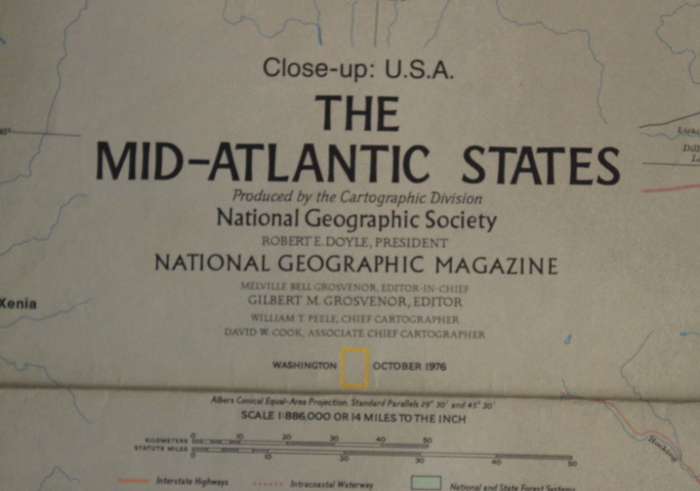 National Geographic Folded Map of the Mid-Atlantic States of America, October 1976