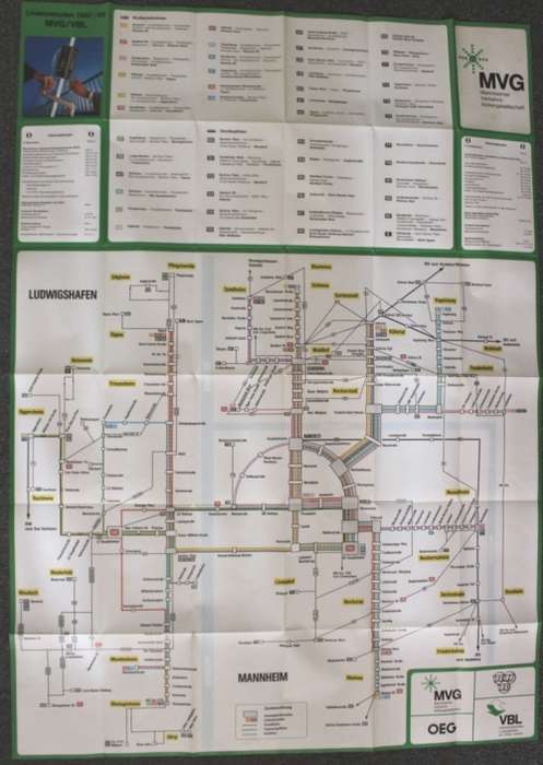 Map of Mannheim and Ludwigshafen Transport Network Sept 1987, Folded Map