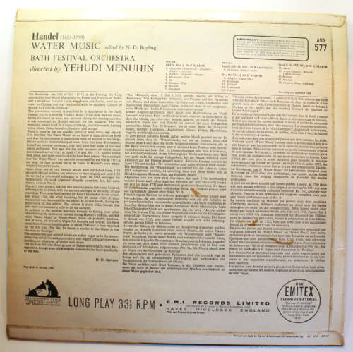 Handel Water Music Bath Festival Orchestra Conducted by Yehudi Menuhin Vinyl LP