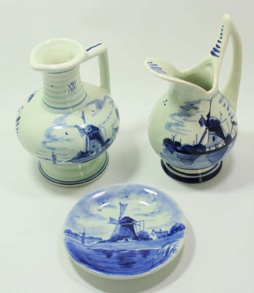 Delft Trio, 2 x Miniature Water Jugs and Miniature Plate
