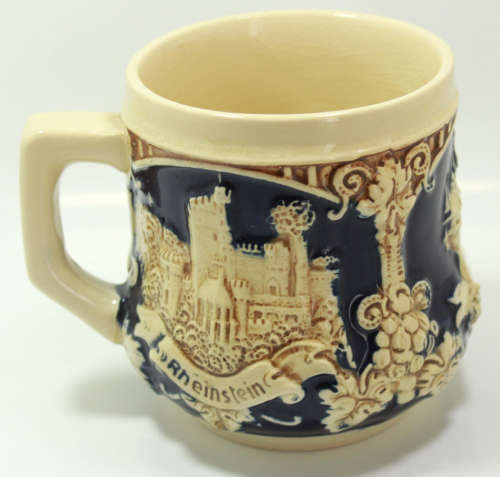 Vintage Wick-Werke Rhein Castles Stoneware Ornamental Mug in Cobalt Blue.
