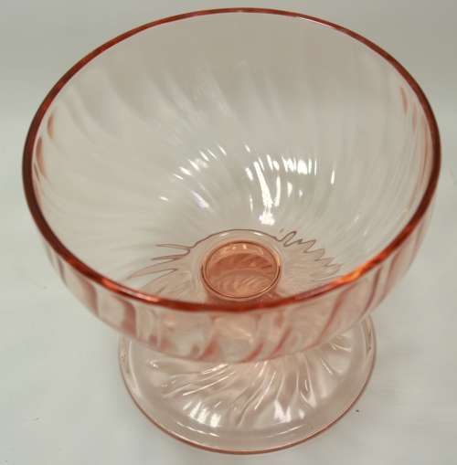 Set Of Six Footed Glass Dessert Bowls Pink with Swirl Pattern