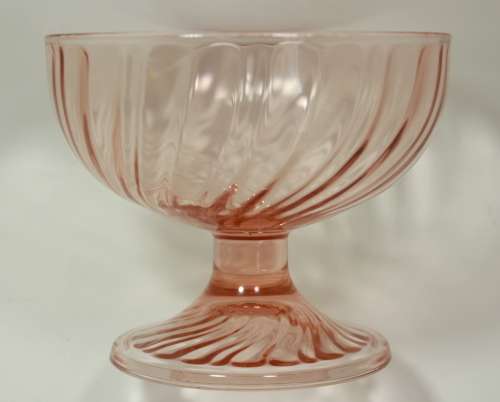 Set Of Six Footed Glass Dessert Bowls Pink with Swirl Pattern