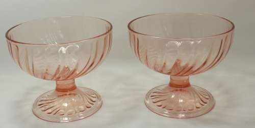 Set Of Six Footed Glass Dessert Bowls Pink with Swirl Pattern