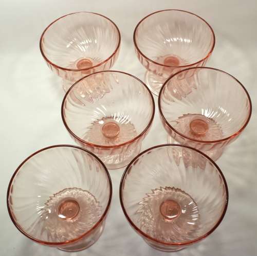 Set Of Six Footed Glass Dessert Bowls Pink with Swirl Pattern
