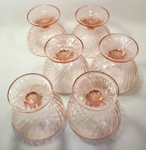 Set Of Six Footed Glass Dessert Bowls Pink with Swirl Pattern