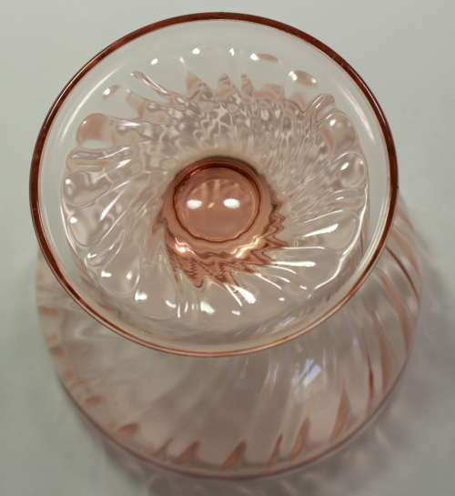 Set Of Six Footed Glass Dessert Bowls Pink with Swirl Pattern