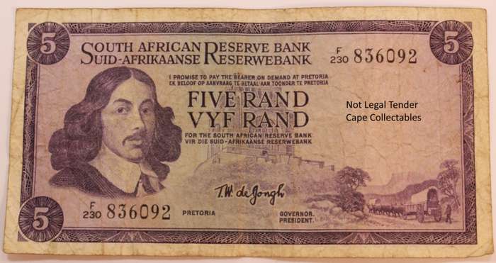 South Africa 5 Rand Bank Note de Jongh 1976 Circulated VF