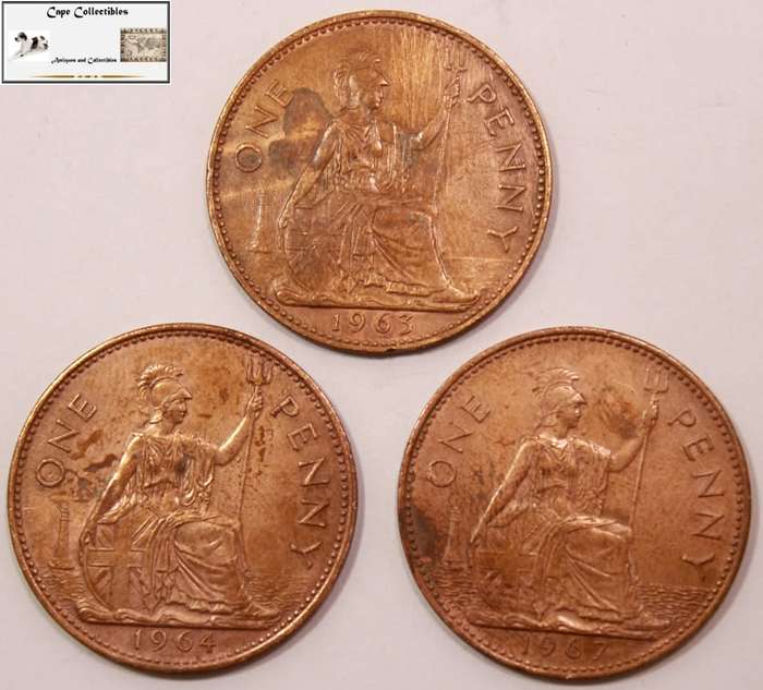 United Kingdom 1 Penny Coin 1963, 1964 and 1967 (Three Coins) Circulated