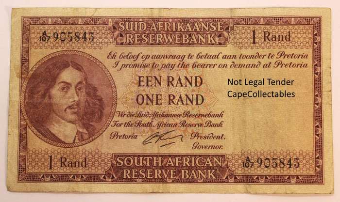 South Africa 1 Rand Bank Note JVR Watermark G Rissik 1962-1965 Very Fine