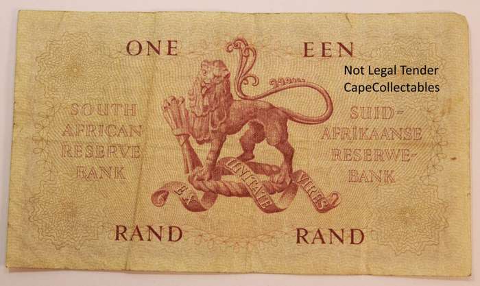 South Africa 1 Rand Bank Note JVR Watermark G Rissik 1962-1965 Very Fine