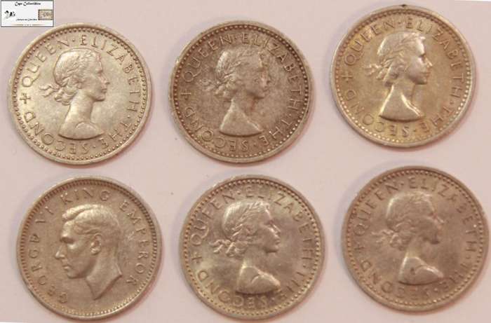 New Zealand 3 Pence Coins 1947/1954/1955/1959x2/1961 (Six Coins) Circulated