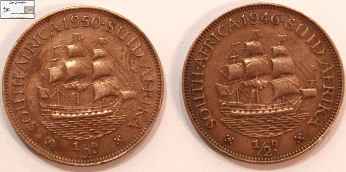 South Africa 1/2 Penny 1946 & 1950 x 2 (Two Coins) Circulated.