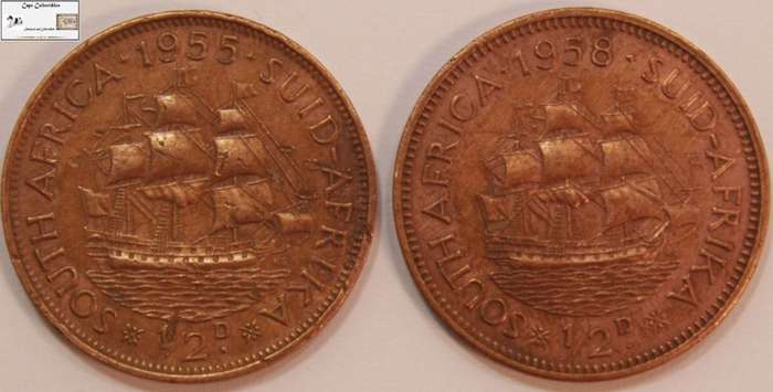 South Africa 1/2 Penny 1955 & 1958 Coins (Two) VF20 Circulated