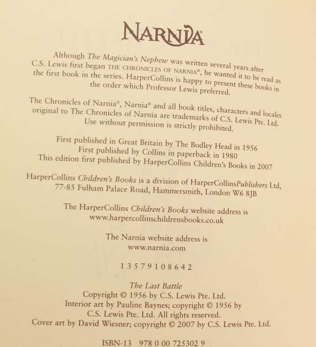 The Chronicles of Narnia `The Last Battle` by C.S. Lewis Hardcover Book