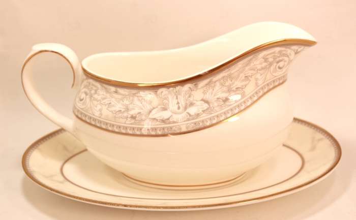 Royal Doulton Naples Gold Trim Pattern Bone China Gravy Boat and Underplate