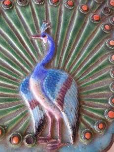 Enamel Peacock design trinket box with inset Coral stones. 12.5 x 10.5cm