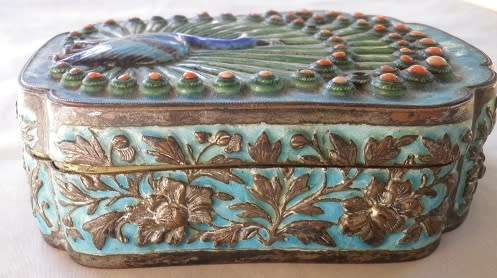 Enamel Peacock design trinket box with inset Coral stones. 12.5 x 10.5cm