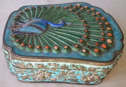 Enamel Peacock design trinket box with inset Coral stones. 12.5 x 10.5cm