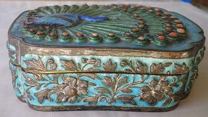 Enamel Peacock design trinket box with inset Coral stones. 12.5 x 10.5cm