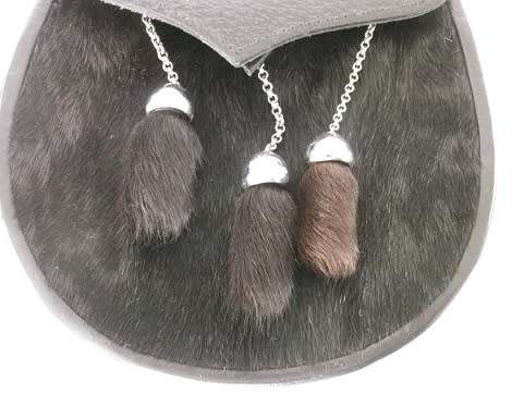Authentic SCOTTISH leather & fur SPORRAN, chrome thistle badge, belt and chain. v good conidtion