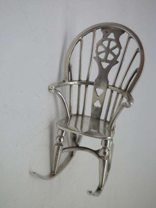 For KieSam only please!  SILVER MINIATURE ROCKING CHAIR. RARE! 5.5cm tall 14 grms LONDON c1975