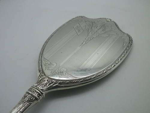 Vintage Art Nouveau Style Sterling Silver Hand held Beveled Mirror 40 cm long MAGNIFICENT