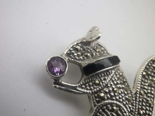 Sterling Silver, amethyst, onyx & marcasite Vintage SQUIRREL brooch
