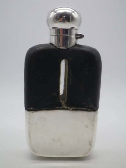 Antique Hallmarked silver, Glass and Leather Hip Flask. Sheffield, 1899 Walker & Hall