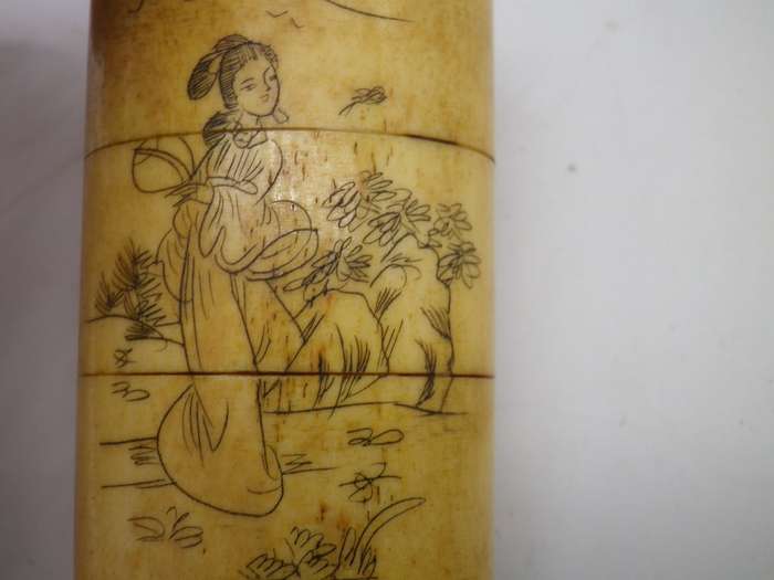 Vintage Japanese Hand Carved Scrimshaw Bone Inro with toggle & cord Geisha Design