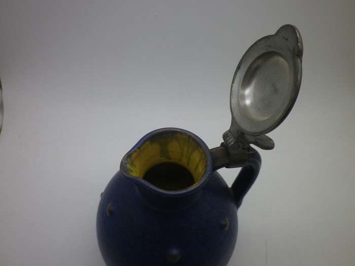 ANTON LANG Studio Pottery Jug Art Nouveau c1920s with pewter lid  12.5cm Rare